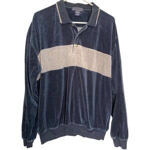 Savile Row L Navy Blue Velour Polo Shirt Long Sleeve Striped Retro Grandpacore